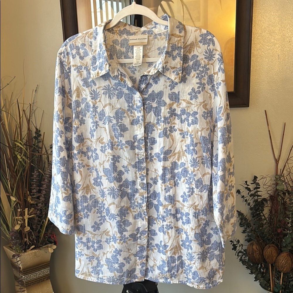 Alfred Dunner Blue Brown Notched‎ Collar Relaxed Button Down 20w